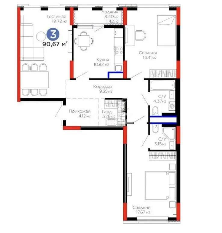 Продажа 3-комнатной квартиры, 91 м² в Астане