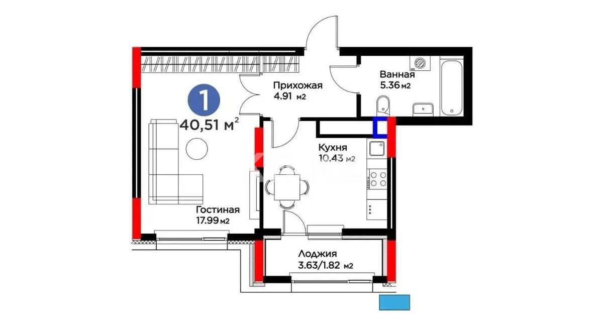 Продажа 1-комнатной квартиры, 40.5 м² в Астане