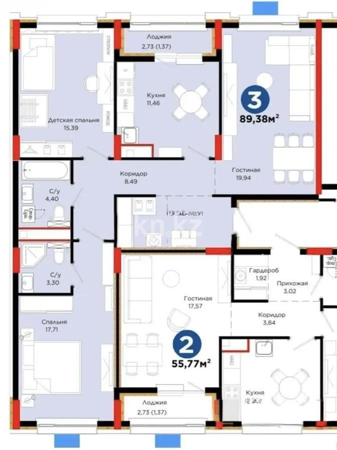 Продажа 3-комнатной квартиры, 89.38 м² в Астане