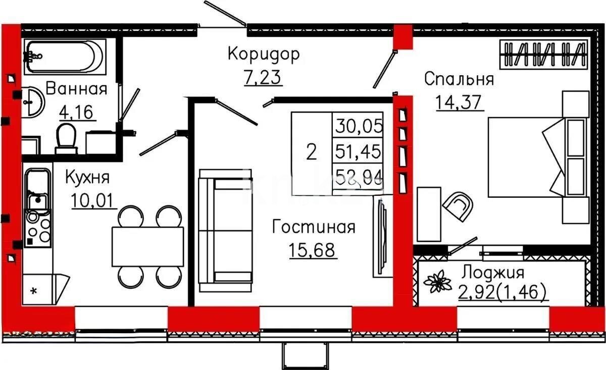 Продажа 2-комнатной квартиры, 52.94 м² в Астане