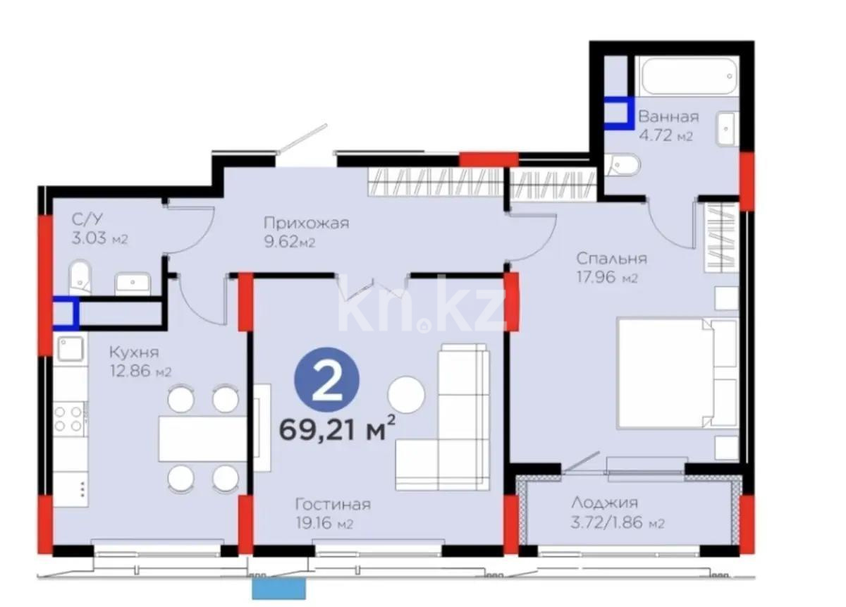 Продажа 2-комнатной квартиры, 69.21 м², ул. Рыскулова, дом  18 в Астане