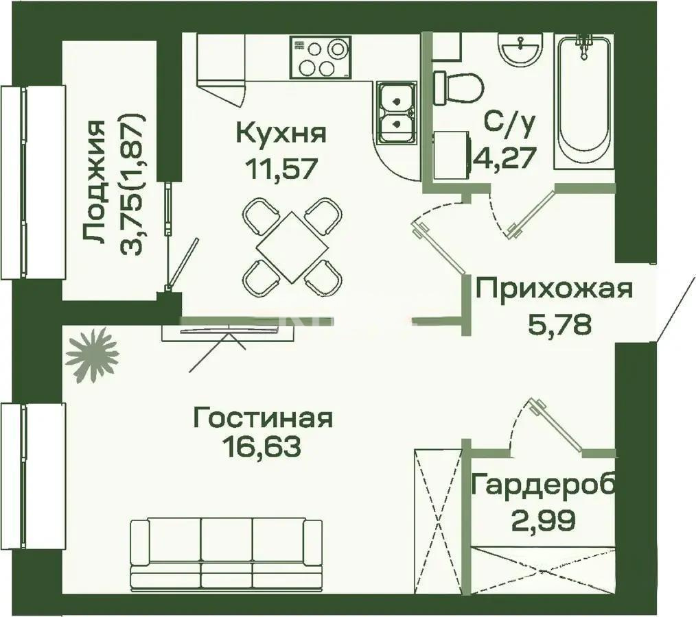 Продажа 1-комнатной квартиры, 43.11 м² в Астане