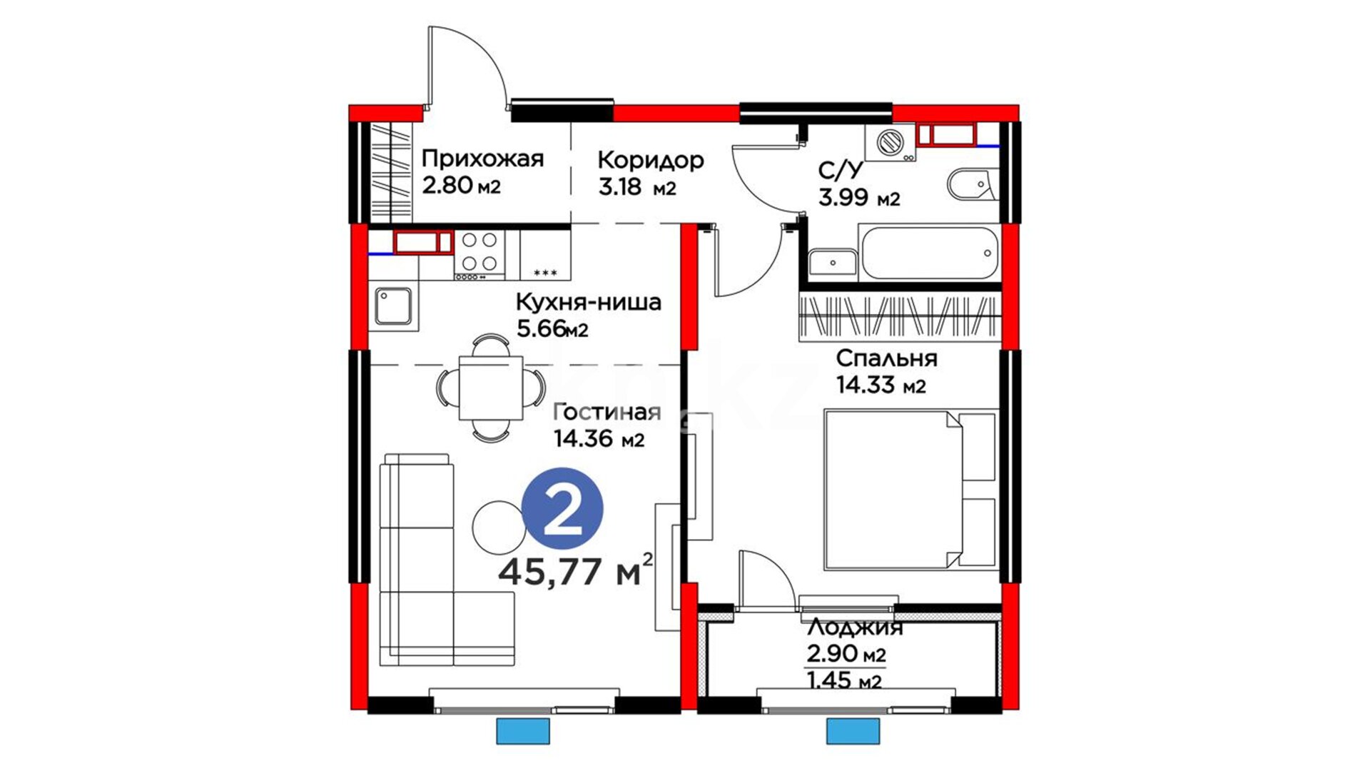 ЖК Saulet, 2-комнатная, цена 41 271 750 ₸, 917 150 ₸&nbsp;/&nbsp;м²