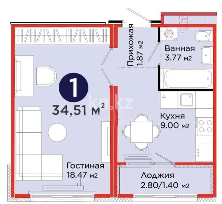 Продажа 1-комнатной квартиры, 34.51 м² в Астане