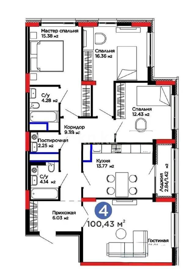 Продажа 4-комнатной квартиры, 100.43 м² в Астане
