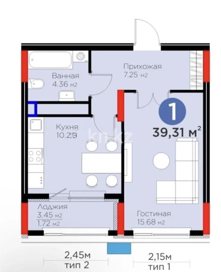 Продажа 1-комнатной квартиры, 39.31 м² в Астане