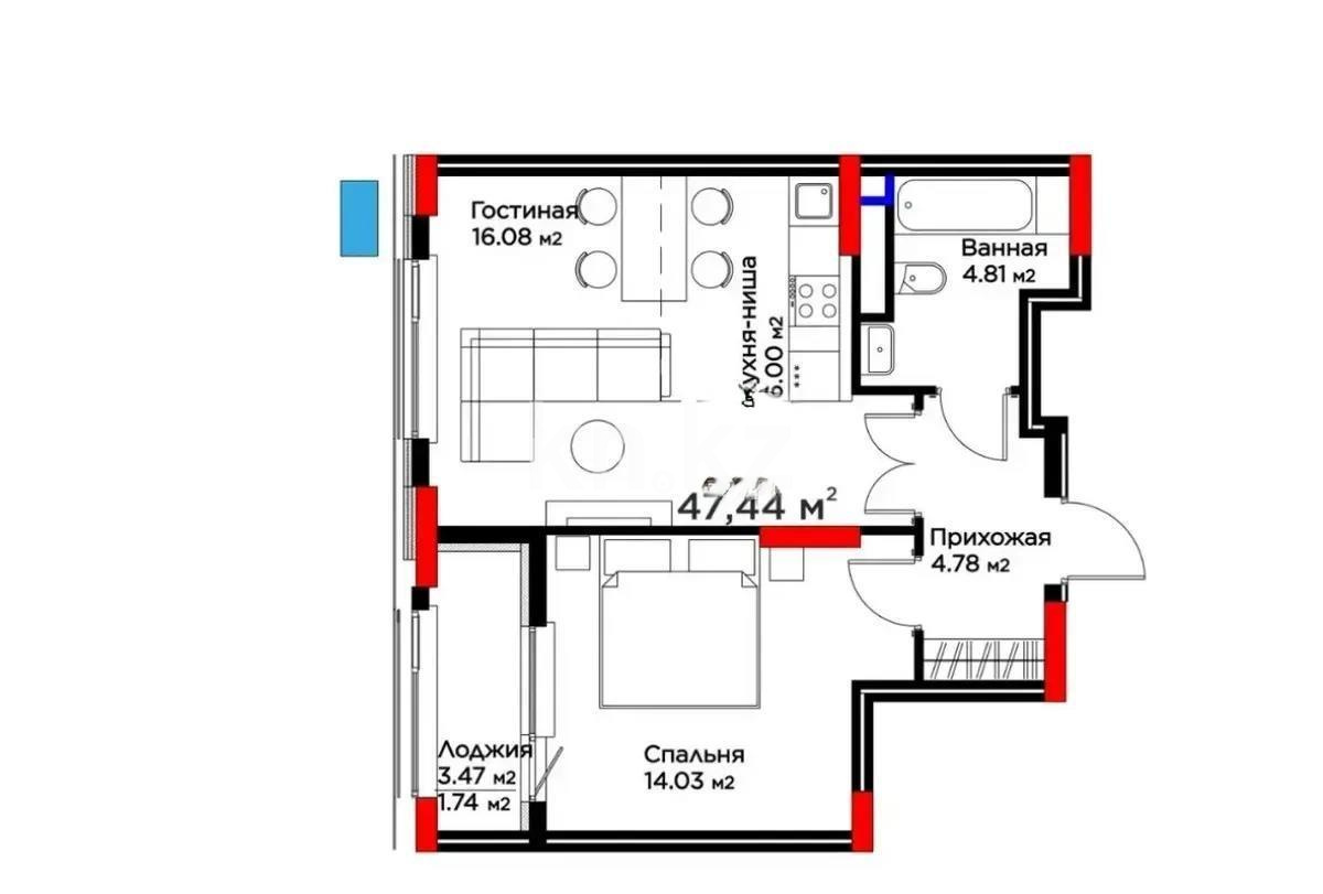 Продажа 2-комнатной квартиры, 47.44 м², ул. Бухар жырау, дом  33 в Астане