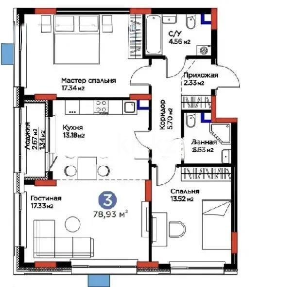 Продажа 3-комнатной квартиры, 79.5 м² в Астане