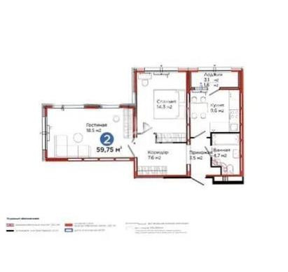 Продажа 2-комнатной квартиры, 59.75 м² в Астане