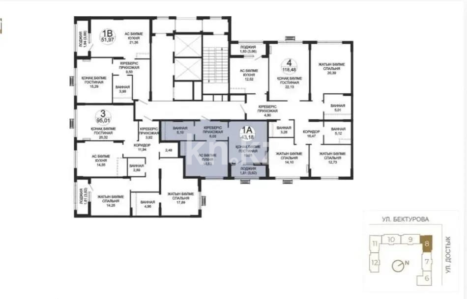 Продажа 2-комнатной квартиры, 43.18 м² в Астане