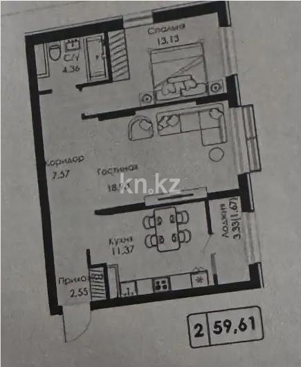 Продажа 2-комнатной квартиры, 59.61 м² в Алматы