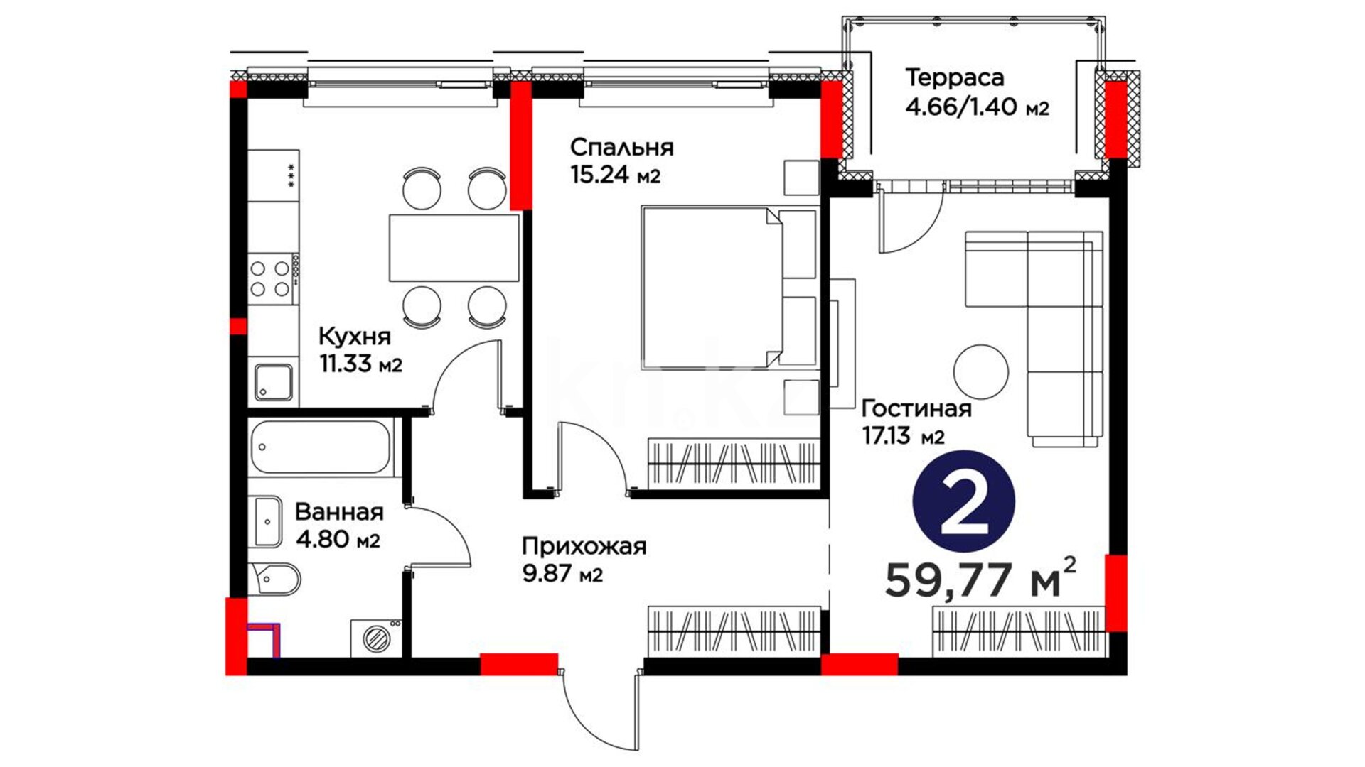 ЖК Family Nest A, 2-комнатная, цена 31 684 077 ₸, 530 100 ₸&nbsp;/&nbsp;м²
