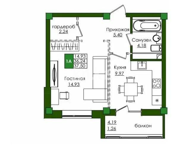 Продажа 1-комнатной квартиры, 37.5 м², ул. Е-779, дом  32 в Астане