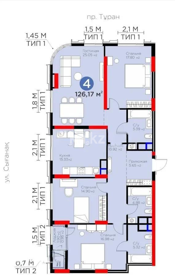 Продажа 4-комнатной квартиры, 126.17 м², пр. Туран, дом  41 в Астане
