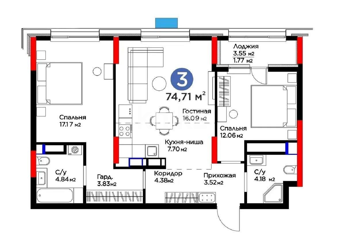 Продажа 3-комнатной квартиры, 75 м², ул. Керей, Жанибек хандар, дом  50 в Астане