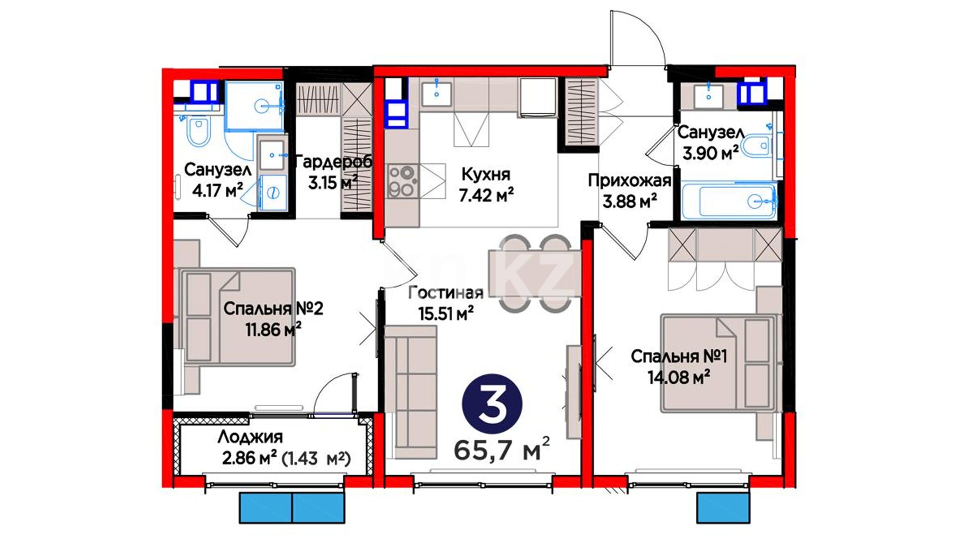 ЖК Arena City. Balance B, 3-комнатная, цена 55 976 400 ₸, 852 000 ₸&nbsp;/&nbsp;м²