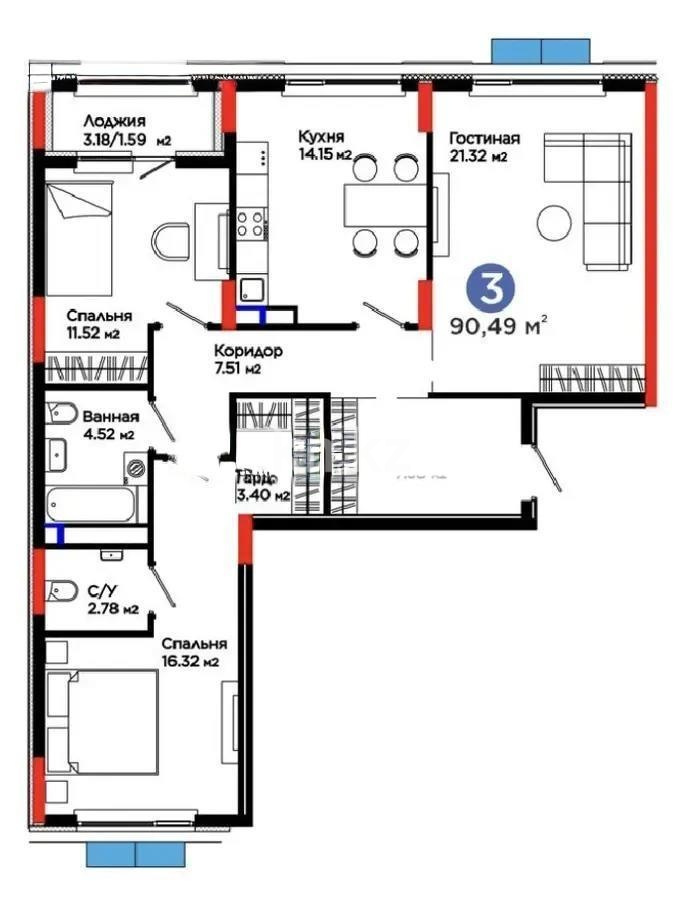 Продажа 3-комнатной квартиры, 90.49 м² в Астане - фото 7