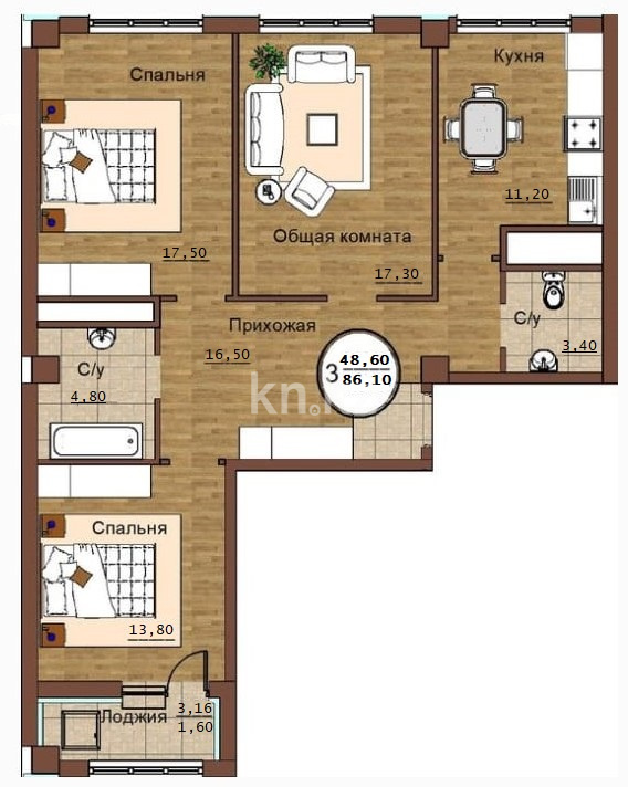 Продажа 3-комнатной квартиры, 86.1 м² в Астане