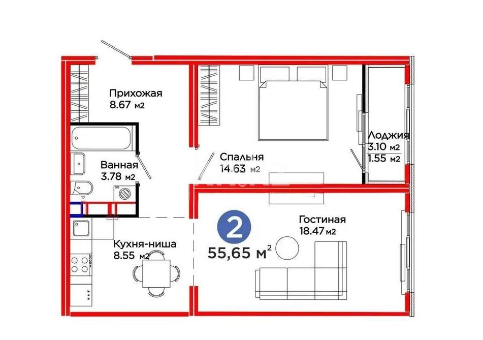 Продажа 2-комнатной квартиры, 55.65 м² в Астане