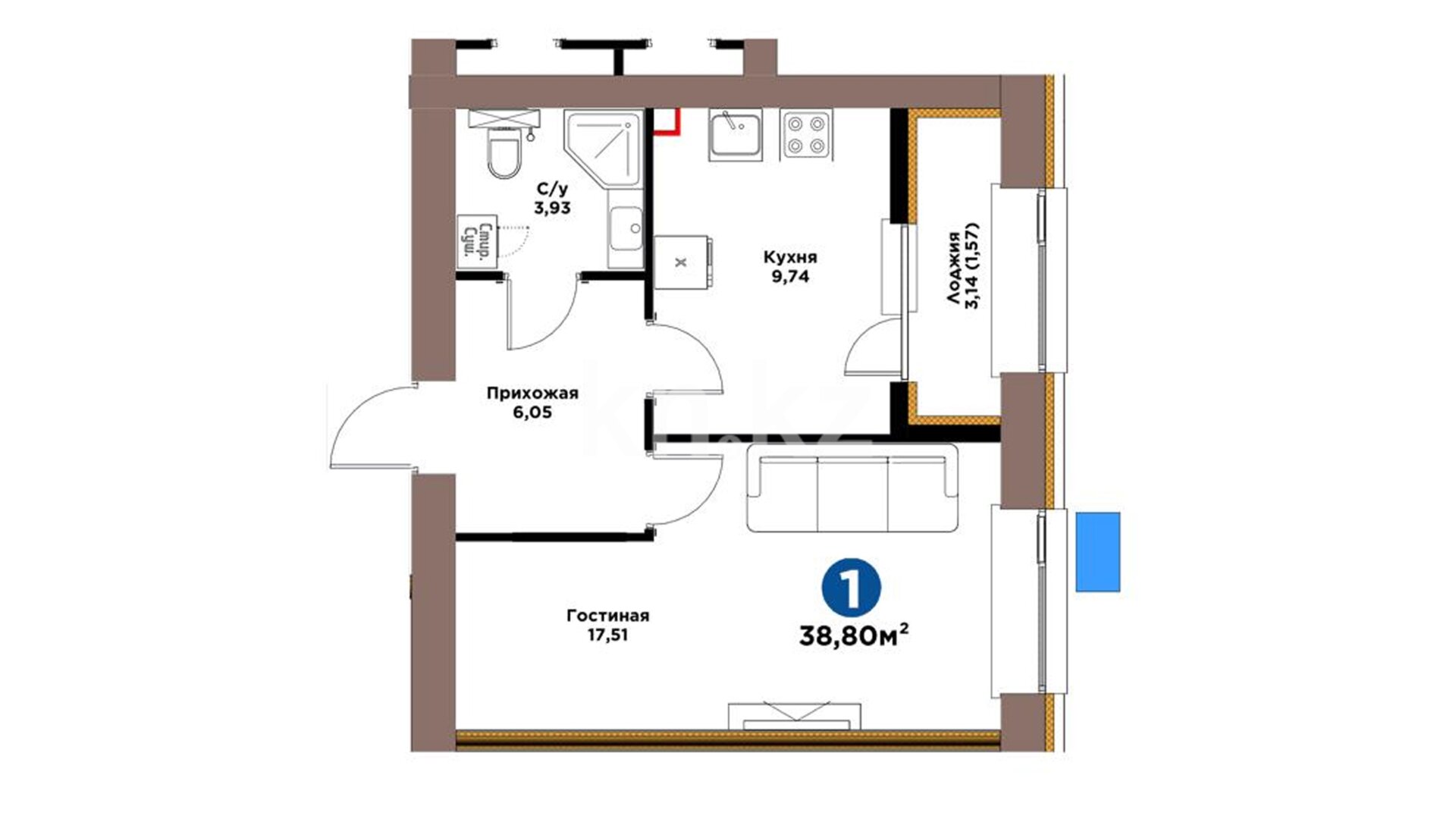 ЖК Alem Sana, 1-комнатная, цена 23 679 640 ₸, 610 300 ₸&nbsp;/&nbsp;м²
