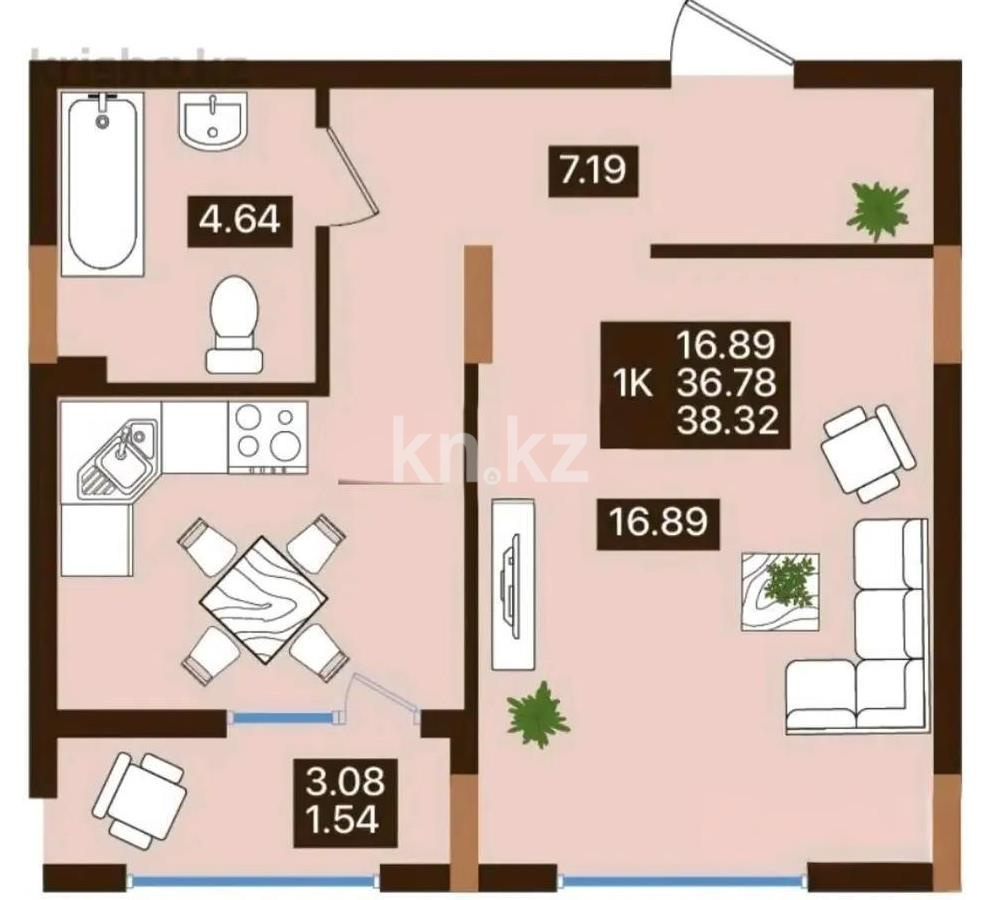Продажа 1-комнатной квартиры, 38.32 м² в Астане