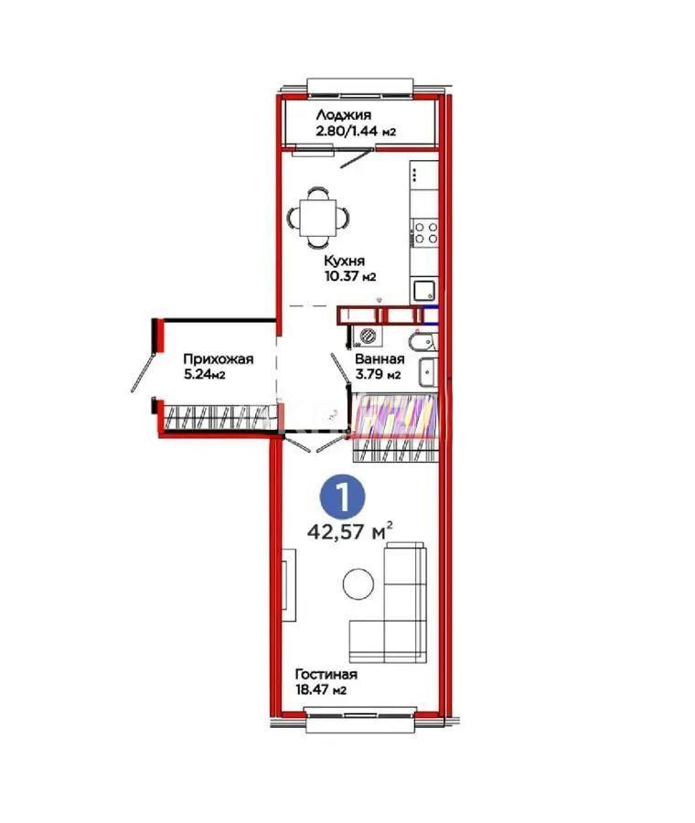 Продажа 1-комнатной квартиры, 42.57 м² в Астане