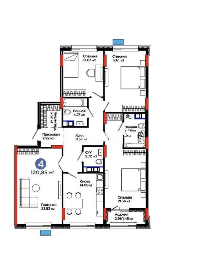 Продажа 4-комнатной квартиры, 120.85 м² в Астане