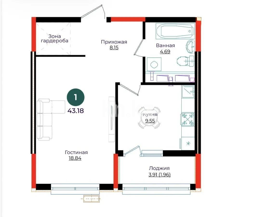 Продажа 1-комнатной квартиры, 43.18 м² в Астане
