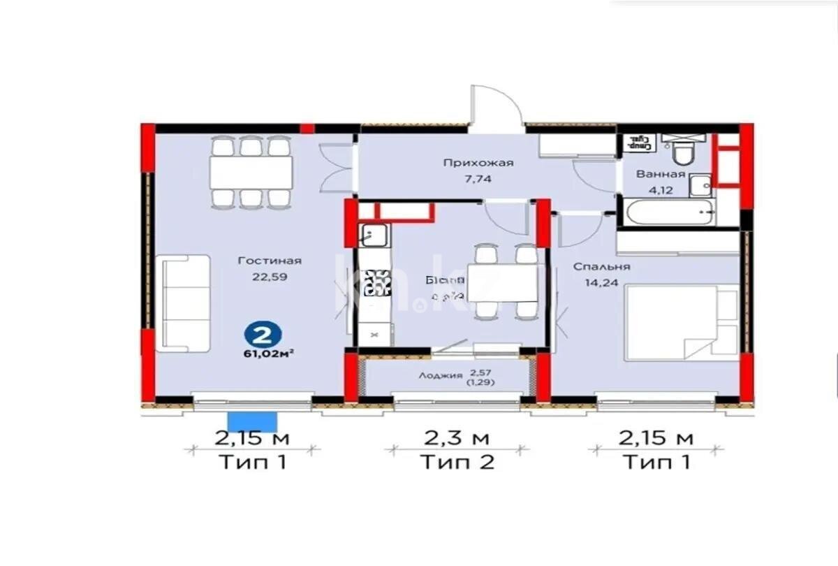 Продажа 2-комнатной квартиры, 61 м² в Астане
