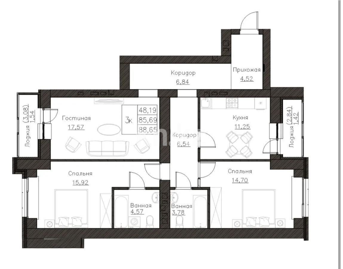 Продажа 3-комнатной квартиры, 89.1 м² в Астане