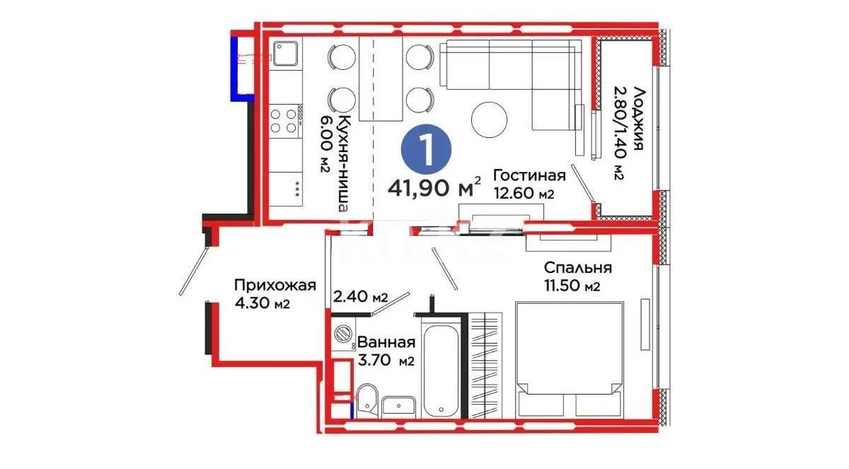 Продажа 1-комнатной квартиры, 41.9 м² в Астане