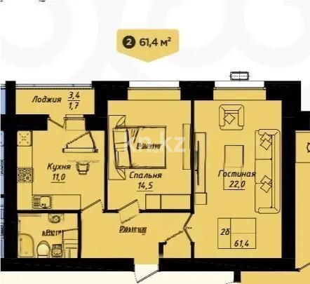 Продажа 2-комнатной квартиры, 61.4 м² в Астане