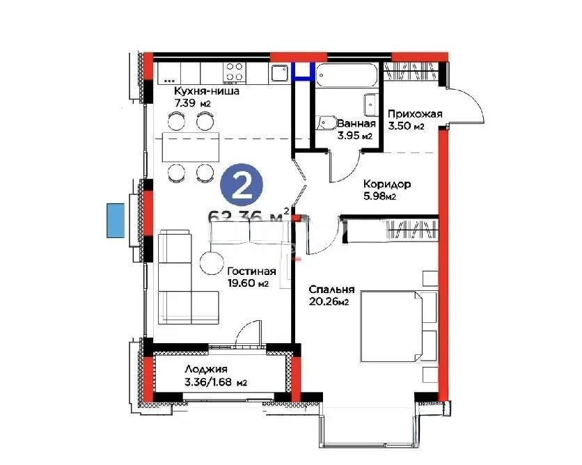 Продажа 2-комнатной квартиры, 62.36 м² в Астане