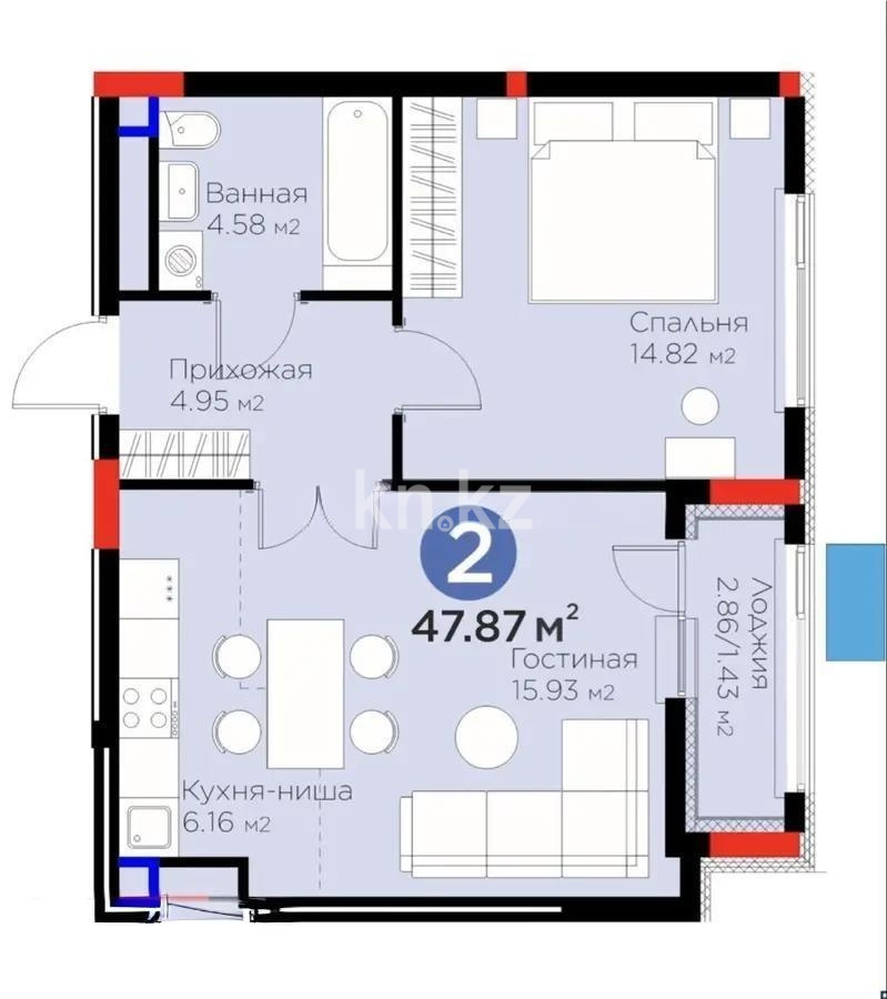 Продажа 2-комнатной квартиры, 48 м² в Астане