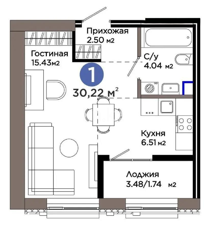 Продажа 1-комнатной квартиры, 30.22 м² в Астане