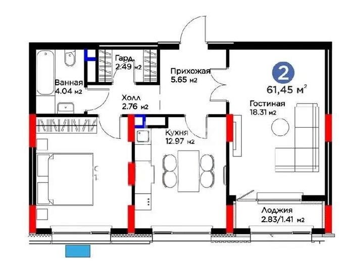 Продажа 2-комнатной квартиры, 61.45 м² в Астане