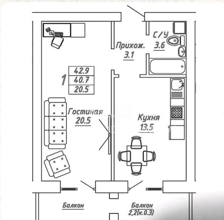 Продажа 1-комнатной квартиры, 42.9 м² в Астане - фото 2
