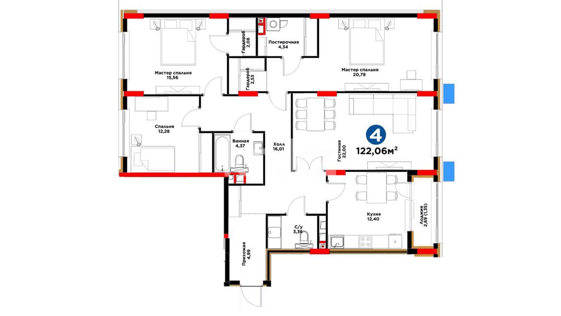 ЖК Bosaga, 4-комнатная, цена 74 090 420 ₸, 607 000 ₸&nbsp;/&nbsp;м²