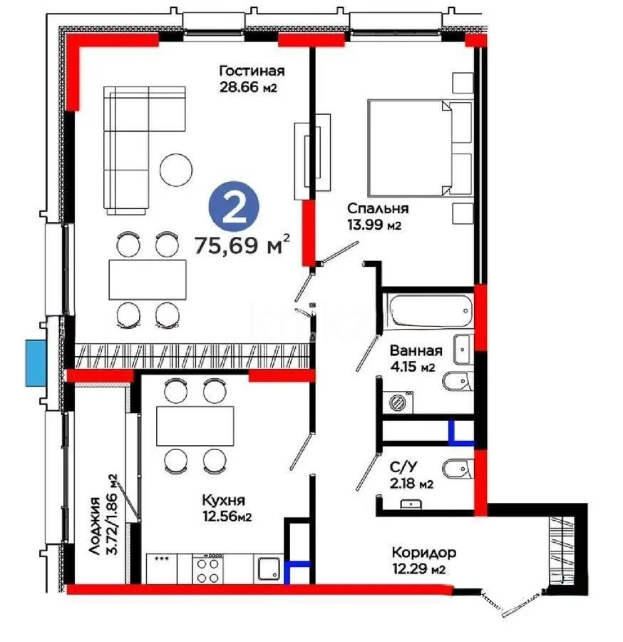 Продажа 2-комнатной квартиры, 75.69 м² в Астане