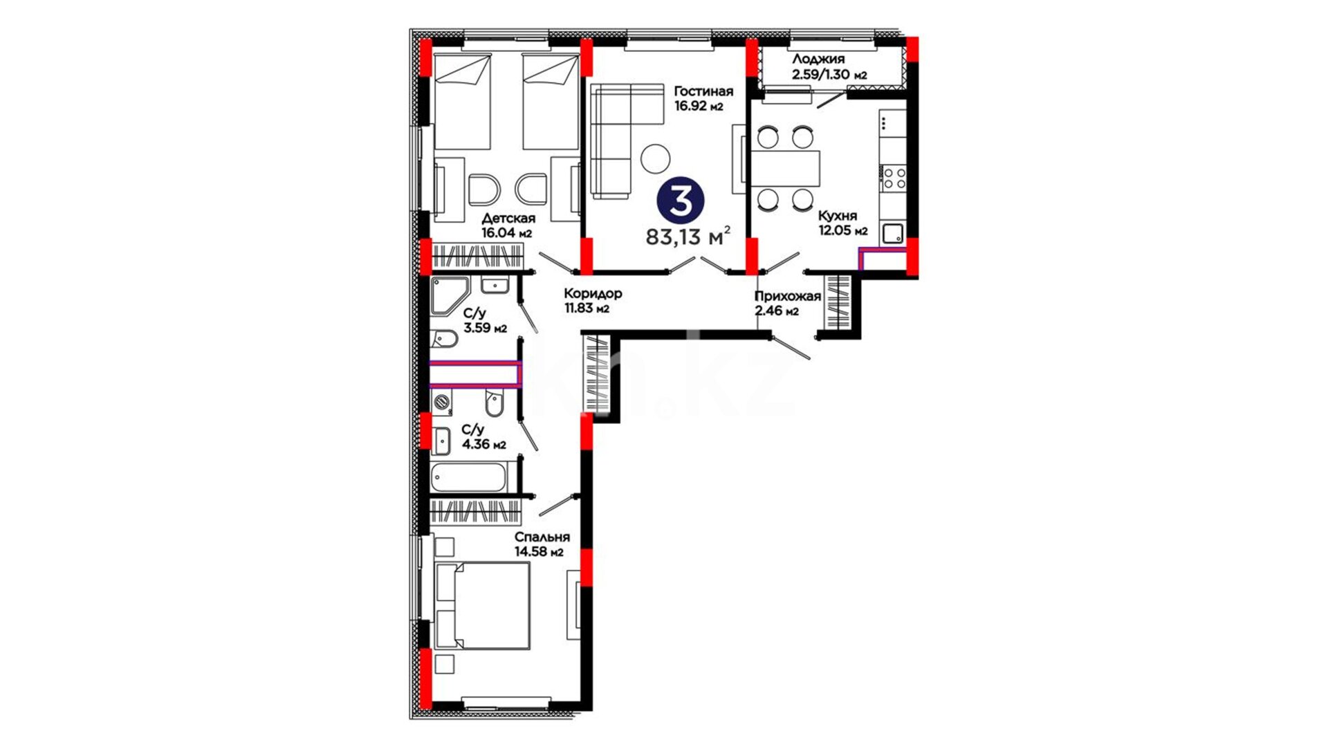 ЖК UIA. DARYN, 3-комнатная, цена 40 850 480 ₸, 488 001 ₸&nbsp;/&nbsp;м²