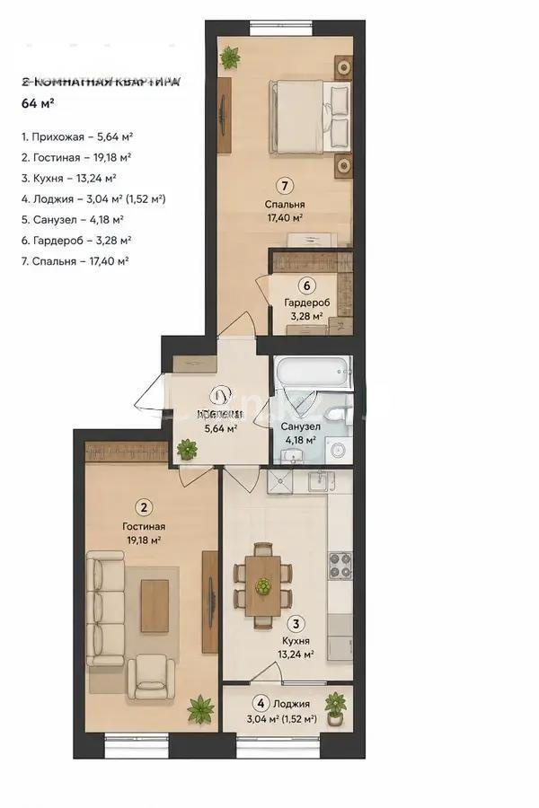 Продажа 2-комнатной квартиры, 64.44 м² в Астане - фото 5