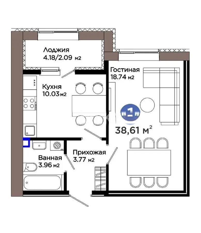 Продажа 1-комнатной квартиры, 38.61 м² в Астане