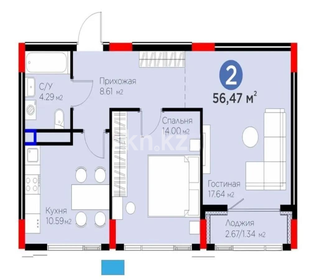 Продажа 2-комнатной квартиры, 56.47 м² в Астане