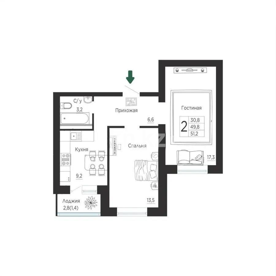 Продажа 2-комнатной квартиры, 52 м² в Астане