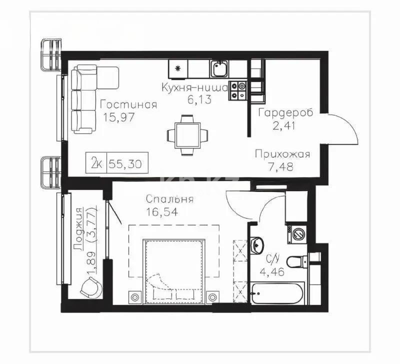 Продажа 2-комнатной квартиры, 55.3 м² в Астане