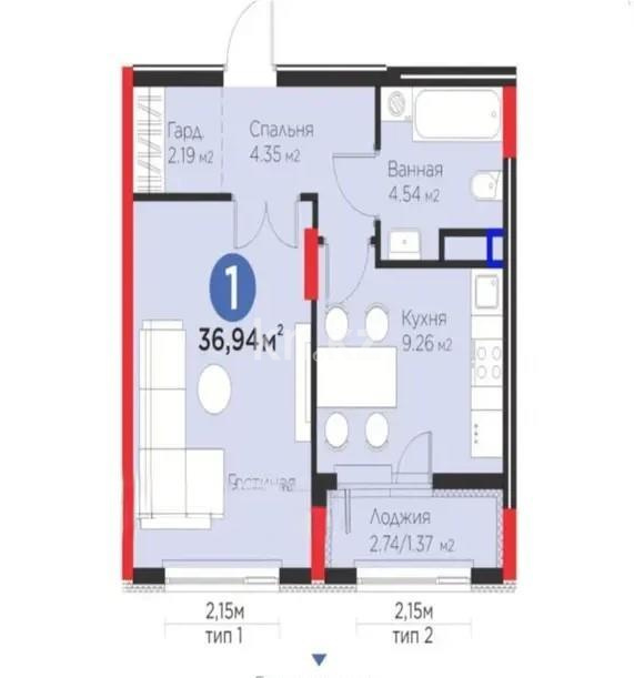 Продажа 1-комнатной квартиры, 36.94 м² в Астане