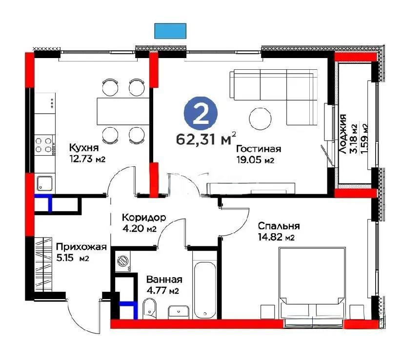 Продажа 2-комнатной квартиры, 62.3 м² в Астане