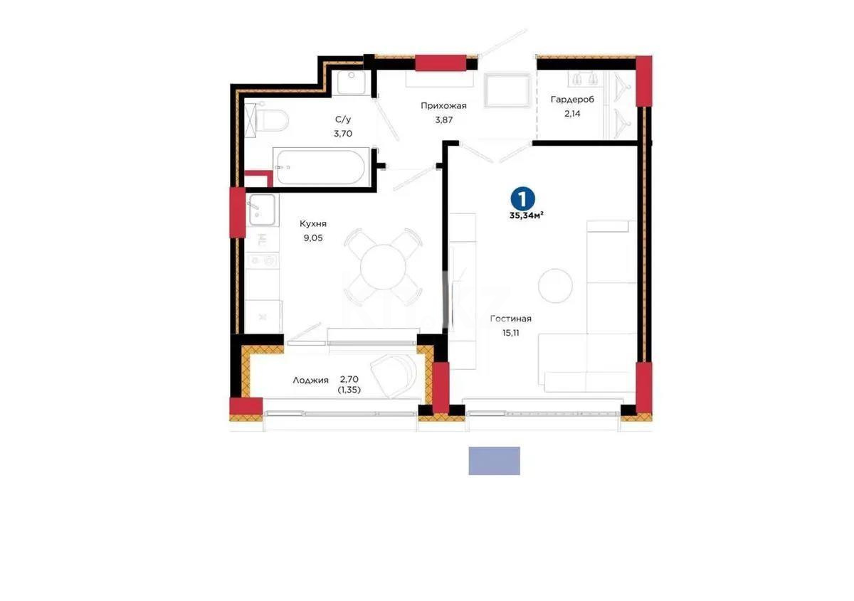 Продажа 1-комнатной квартиры, 35.34 м² в Астане