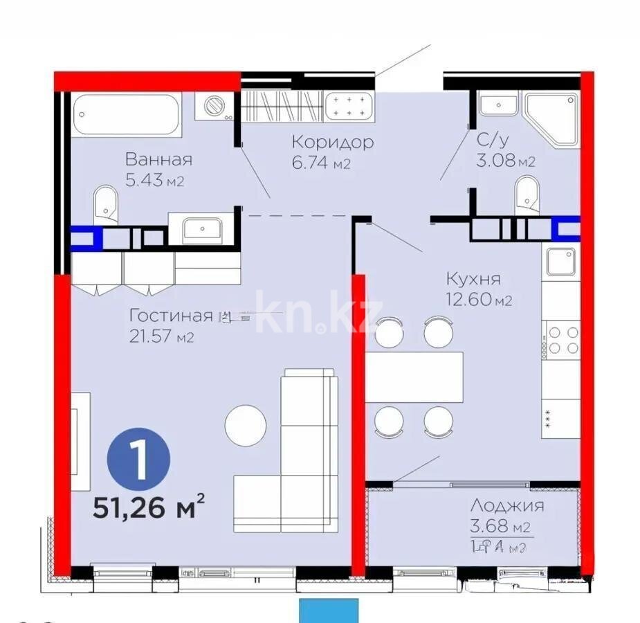 Продажа 1-комнатной квартиры, 51.26 м² в Алматы - фото 4