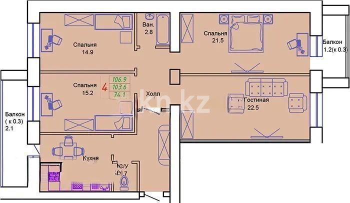 Продажа 4-комнатной квартиры, 106.9 м² в Астане